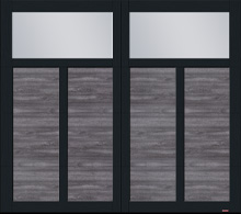 Traditional style house with garage door, Princeton P-12 model, 8' x 7', Weathered Grey Faux Wood door and Black overlays with Clear Panoramic windows